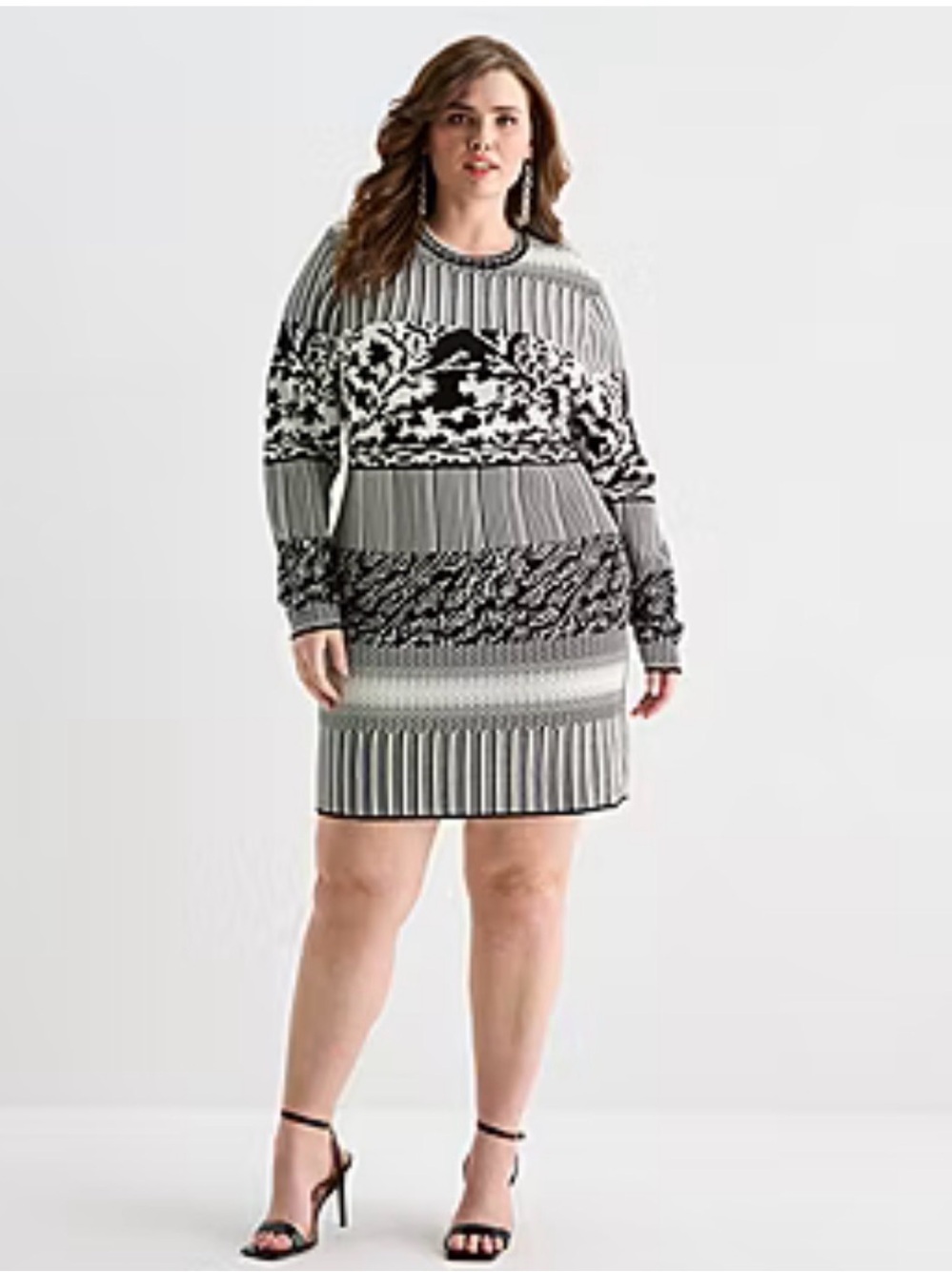 Ashley Graham Womens Plus Crew Neck Long Sleeve Fitted Jacquard Bodycon Dress